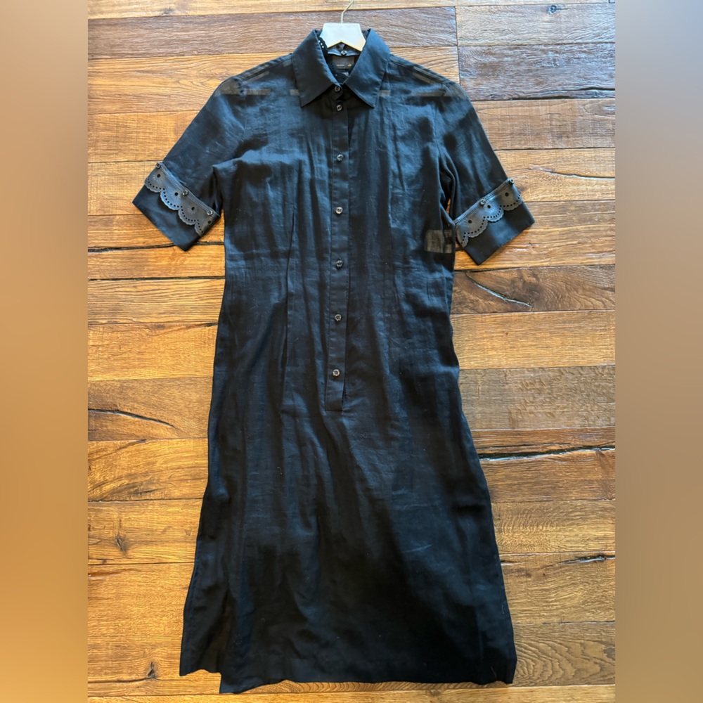 Fendi Black Linen Button Down Shirtdress with Leather Cuffs